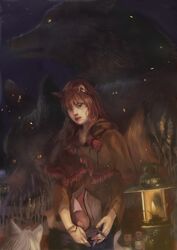  2girls animal_ears brown_hair grey_hair highres holo lantern lips long_hair looking_at_viewer multiple_girls myuri_(spice_and_wolf) nttc6512 painterly pouch realistic red_eyes shawl shinsetsu_spice_and_wolf spice_and_wolf tail wheat wolf wolf_ears wolf_tail yellow_eyes 