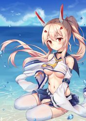  angel_no_shousou ayanami_(azur_lane) azur_lane bare_shoulders beach blue_sky blush breasts choker cloud commentary day female floating_hair hair_between_eyes hair_ornament headgear high_ponytail long_hair looking_at_viewer navel ocean outdoors pleated_skirt ponytail red_eyes sailor_collar school_uniform serafuku shirt sidelocks sitting skirt sky solo symbol-only_commentary thighhighs underboob water water_drop white_thighhighs yokozuwari zettai_ryouiki 