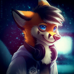  1:1 2017 anthro anti-possession_symbol blue_eyes blurred_background bust_portrait canid canine clothing cress_(tartii) digital_media_(artwork) electronics fox fur hair headphones hoodie icon looking_at_viewer male mammal mylafox neck_tuft orange_body orange_fur portrait simple_background smile solo supernatural_(tv_show) topwear tuft 