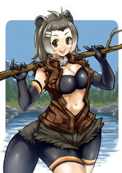  alternate_body_size american_beaver_(kemono_friends) animal_ears antenna_hair bad_id bad_twitter_id beaver_ears beaver_tail bike_shorts bike_shorts_under_shorts black_hair bra breasts brown_eyes cleavage collared_vest cutoffs day detached_collar elbow_gloves female fur_collar gloves grey_hair hair_ornament hairclip hands_up hatch_(hatch_box) holding index_finger_raised kemono_friends lake looking_at_viewer medium_hair multicolored_hair navel open_mouth outdoors over_shoulder pinky_out short_shorts shorts shorts_under_shorts smile solo stomach tail torn_clothes torn_sleeves unaligned_breasts underwear vest water wide_hips 