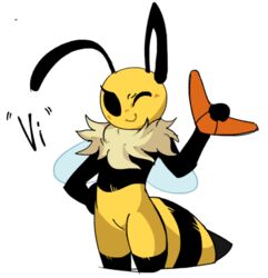  antennae_(anatomy) anthro arthropod arthropod_abdomen bee boomerang bug_fables female hand_on_hip holding_boomerang hymenopteran insects moonsprout_games one_eye_closed rediculous simple_background smile solo stinger vi_(bug_fables) white_background wink yellow_body 