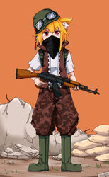  akm animal_ear_fluff animal_ears artistic_error assault_rifle asymmetrical_hair bandana black_bandana blonde_hair boots broken_wall brown_pants brown_vest camouflage camouflage_pants chin_strap cleaning_rod combat_helmet commentary_request cookie_(touhou) covered_mouth female fox_ears fox_girl fox_tail full_body grass green_footwear green_headwear gun helmet highres holding holding_gun holding_weapon kalashnikov_rifle looking_at_viewer medium_hair miramikaru_riran on_ground orange_background outdoors pants pants_tucked_in red_eyes rifle rock rubble sandbag shirt short_sleeves sidelocks solo standing straight-on tail tilted_headwear trigger_discipline undone_chin_strap vest weapon white_shirt yan_pai 