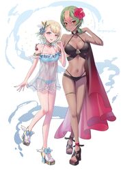  2girls artist_name bikini black_bikini blonde_hair blue_bikini blue_eyes blue_hair breasts choker cleavage closed_mouth dark-skinned_female dark_skin earrings fire_emblem fire_emblem_heroes fjorm_(fire_emblem) gradient_hair green_hair hair_ornament high_heels highres jewelry laegjarn_(fire_emblem) multicolored_hair multiple_girls nail_polish open_mouth orange_hair red_eyes sakuramotikun sandals see-through short_hair smile swimsuit 