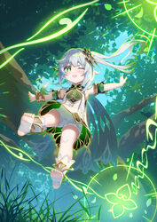  ;d armpits bloomers blue_sky blurry bracelet cape commentary_request depth_of_field detached_sleeves feet female forest from_below genshin_impact gradient_hair hair_between_eyes hair_ornament highres jewelry kana_ami long_hair looking_at_viewer looking_down multicolored_hair nahida_(genshin_impact) nature one_eye_closed outstretched_arms pointy_ears short_sleeves side_ponytail sidelocks sky smile soles solo spread_arms stirrup_legwear symbol-shaped_pupils toeless_legwear toes tree underwear 