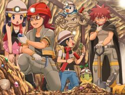  3boys :d :o belt belt_buckle black_footwear black_hair blue_eyes blush boots brown_hair buckle byron_(pokemon) cape cave dawn_(pokemon) evolutionary_stone facial_hair father_and_son female geodude glasses hand_on_own_chin happy hard_hat hat helmet holding holding_shovel leaf_stone leaning_forward long_hair lucas_(pokemon) multiple_boys on_one_knee open_mouth pants piplup pokemoa pokemon pokemon_(creature) pokemon_dppt red_scarf riding riding_pokemon roark_(pokemon) scarf shieldon shovel skirt smile standing teeth tongue turtwig upper_teeth_only 