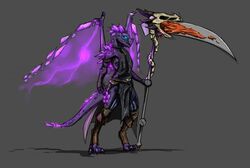  2019 anthro arks_sadinian blue_eyes bone clothed clothing crystal crystalsong_dragon digitigrade dragon duo energy_wings fantasy_weapon glowing glowing_eyes holding_object holding_weapon magic male melee_weapon mythological_creature mythological_scalie mythology official_art polearm purple_body purple_scales saorsa scales scalie scythe simple_background skull standing tail weapon wings 