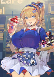  :d absurdres animal_print apron bear_print blonde_hair blue_eyes blue_headband blue_shirt bow breasts cherry chinese_commentary cowboy_shot drinking_straw earrings female food frilled_skirt frills fruit hair_between_eyes hair_ornament hairbow headband high_ponytail highres holding holding_tray huge_breasts ice_cream ice_cream_sandwich indoors jewelry jintianhuahualema looking_at_viewer mole mole_under_eye mole_under_mouth nail_polish open_mouth original panties pantyshot red_nails red_panties red_ribbon ribbon shirt short_sleeves skirt smile solo strawberry symbol-shaped_pupils teeth thigh_gap towel tray underwear uniform upper_teeth_only waitress wrist_cuffs 