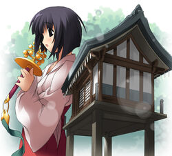  2000s_(style) bell black_eyes black_hair bob_cut female hakama hakama_skirt hokora_(shrine) japanese_clothes jingle_bell kagura_suzu kamichu! kantoku lens_flare long_sleeves miko open_mouth photoshop_(medium) red_hakama saegusa_miko short_hair shrine sideways_mouth skirt solo wide_sleeves 