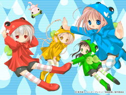  4girls binzume_yousei black_hair blue_eyes blue_raincoat boots braid chiriri floating frog_raincoat green_eyes green_footwear hororo kururu lily_pad long_sleeves multiple_girls oboro_(binzume_yousei) pink_hair pointy_ears raincoat red_eyes red_raincoat sarara shorts socks striped_background striped_clothes striped_socks tokumi_yuiko water white_hair yellow_eyes yellow_raincoat 