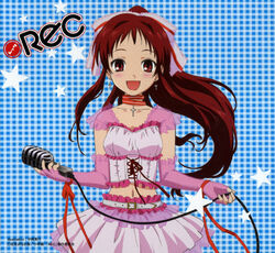  :d belt blush breasts choker corset crop_top cross cross_earrings earrings elbow_gloves female fingerless_gloves frills gloves hair_ribbon highres idol jewelry latin_cross long_hair looking_at_viewer microphone midriff morioka_hideyuki navel official_art onda_aka open_mouth photoshop_(medium) pink_gloves plaid plaid_background rec_(manga) red_eyes red_hair ribbon see-through skirt small_breasts smile solo star_(symbol) starry_background 