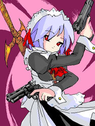  apron closed_mouth colt_python crossed_arms dual_wielding female gun handgun holding holding_gun holding_weapon jaggy_lines kotonomiya_yuki long_sleeves lowres maid maid_apron maid_headdress oekaki revolver short_hair smile solo source_request standing suigetsu sword t2 weapon 