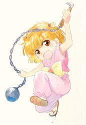  agahari akazukin_chacha bad_id bad_pixiv_id ball_and_chain_(weapon) blonde_hair blush_stickers bow brown_eyes commentary_request female kusarigama open_mouth orin_(akazukin_chacha) short_hair sickle simple_background slippers solo weapon 