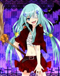  bandages baniko_(37003700) bat_(animal) belt blue_eyes blue_hair bluebell commentary_request cross dress female halloween katekyo_hitman_reborn! midriff smile solo twintails 