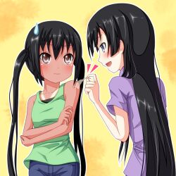  3: akiyama_mio bad_id bad_pixiv_id banned_artist black_hair blue_eyes brown_eyes casual crossed_arms k-on! long_hair mirai_(macharge) multiple_girls nakano_azusa one-piece_tan peeling sideways_mouth skin tan tanline twintails 