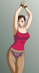  armpits arms_up blush bondage bound breasts brown_eyes brown_hair capcom chains chun-li double_buns hair_buns lock padlock panties short_hair solo standing stockings street_fighter sweat tanktop tied_up 