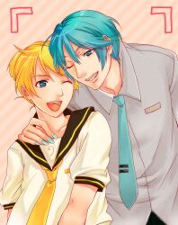  2boys hatsune_mikuo kagamine_len male male_focus multiple_boys photo_(object) picture smile vocaloid 