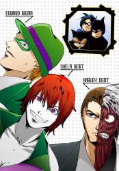  azmanga batman batman_(series) black_hair blue_eyes brown_hair bruce_wayne catwoman character_name dc_comics dick_grayson duela_dent edward_nigma goggles grin harvey_dent hat highres mask nightwing orange_hair purple_eyes red_hair red_hair short_hair smile the_riddler two-face violet_eyes white_hair white_skin 