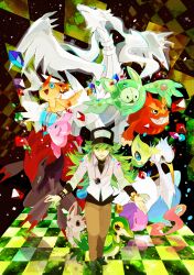  1boy alomomola bad_id bad_pixiv_id baseball_cap bibinko celebi darmanitan darmanitan_(standard) green_eyes hat jewelry minccino musharna n_(pokemon) necklace pokemon pokemon_(creature) pokemon_bw reshiram reuniclus snivy swanna victini zoroark 