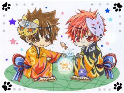  brown_eyes brown_hair festival fish japanese_clothes katekyo_hitman_reborn kozato_enma mask obi red_eyes red_hair sandals sawada_tsunayoshi yukata 