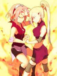  banned_artist bike_shorts duel fighting forehead_protector ino_yamanaka multiple_girls naruto naruto_(series) pink_hair sakura_haruno yokige 