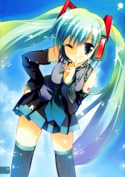  ;) absurdres aqua_eyes aqua_hair black_thighhighs detached_sleeves female finger_to_mouth hatsune_miku highres leaning_forward long_hair one_eye_closed paint.net_(medium) rei_(rei&#039;s_room) smile solo thighhighs twintails vocaloid 