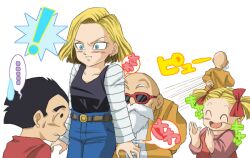  ! ... .... 2boys 2girls ^_^ ^o^ android_18 bald beard black_hair blonde_hair blue_eyes clapping closed_eyes daughter denim dragon_ball dragon_ball_z facial_hair family glasses groping hair_ornament hair_ribbon husband jeans krillin kuririn marron multiple_boys multiple_girls muten_roshi muten_roushi old_man pants ribbon shueisha sunglasses surprised sweatdrop translation_request twintails wife 