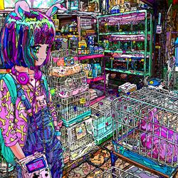  ace_akira animal_ears bag beats_by_dr._dre blue_bra bone_print bra cage female fish game_boy game_boy_(original) goldfish handheld_game_console headphones headphones_around_neck heart indoors jaggy_lines long_sleeves minecraft multicolored_hair original overalls pig_(minecraft) pink_shirt print_shirt purple_hair rabbit rabbit_ears revision shelf shirt shop short_hair sleeves_past_elbows solo standing underwear 