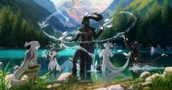  akitamonster amazing_background day detailed detailed_background digital_media_(artwork) dragon female group horn male mythological_creature mythological_scalie mythology nude outside partially_submerged scalie sky standing tail water wingless_dragon 