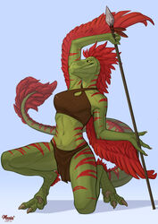  anthro arm_feathers clothed clothing digital_media_(artwork) dinosaur dromaeosaurid extinct feathered_arms feathers female green_body hi_res maaia melee_weapon paws polearm prehistoric_species reptile scales scalie spear striped_body stripes theropod uthalla weapon winged_arms wings 