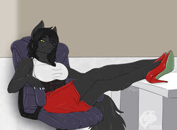  2022 5_fingers anthro big_breasts black_body black_fur black_hair black_nose bottomwear breasts canid canine canis chair cleavage clothed clothing crossed_legs desk digital_media_(artwork) feet_up female fingernails fingers flat_colors footwear fur furniture ghostwolf hair high_heels legs_up looking_at_viewer mammal nails office_chair sharon_cullen signature sitting skirt smile solo table wolf 