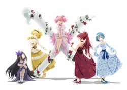  5girls absurdres akemi_homura alstroemeria_(flower) alternate_costume alternate_hairstyle apple arm_at_side arm_support bare_arms bare_back bare_shoulders bellflower belt black_hair black_hairband blonde_hair blouse blue_dress blue_eyes blue_flower blue_footwear blue_hair braid breasts brown_belt brown_flower camellia camellia_print chewing chinese_bellflower closed_mouth collarbone commentary_request contrapposto creature dot_nose dress earrings facing_viewer flat_chest floral_print flower food forget-me-not_(flower) formal frills from_behind fruit full_body fur-trimmed_shirt fur_trim gloves grey_footwear grin hair_between_eyes hair_flower hair_ornament hairband half-closed_eyes hand_up hands_on_lap hands_on_own_knees head_tilt high_collar high_heels high_ponytail highres holding holding_food holding_fruit jewelry kamchatka_lily kaname_madoka kyuubee leaf legs_together light_blush light_smile lineup long_dress long_hair long_skirt long_sleeves looking_afar looking_at_another looking_back looking_down looking_up mahou_shoujo_madoka_magica mahou_shoujo_madoka_magica_(anime) medium_breasts miki_sayaka multiple_girls off-shoulder_dress off_shoulder official_art oversized_flower parted_lips pink_dress pink_eyes pink_footwear pink_hair pink_scrunchie plant ponytail profile purple_dress purple_flower red_flower red_footwear red_hair red_rose ring roman_numeral rose sakura_kyoko scrunchie shadow shirt shoes short_hair short_sleeves short_twintails shoulder_blades side_braid sidelocks sitting skirt skirt_hold sleeveless sleeveless_shirt smile socks spiked_hair standing straight_hair taniguchi_jun&#039;ichirou tareme tomoe_mami twintails v_arms waist_cape white_gloves white_legwear wide_sleeves wristband yellow_eyes yellow_flower yellow_footwear yellow_skirt 