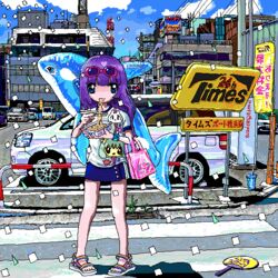  ace_akira bag blue_eyes blue_skirt blue_sky building car chopsticks city closed_mouth cloud commentary_request confetti crosswalk cup cup_ramen day drain_(object) drinking_straw eating eyewear_on_head female full_body glasses hand_fan holding holding_chopsticks instant_soba jaggy_lines long_hair looking_at_viewer motor_vehicle original outdoors paper_fan pigeon-toed pink-framed_eyewear pink_bag plant purple_hair railing road sandals shadow shirt short_sleeves skirt sky solo standing street sunglasses sunlight traffic_light translated white_shirt yakisoba 