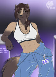  2022 5_fingers abs anthro athletic athletic_anthro athletic_female black_hair black_nose bra breasts brown_body brown_fur chest_tuft claws cleavage clothed clothing digital_media_(artwork) female finger_claws fingers flat_colors fur ghostwolf gulonine hair humanoid_hands id_card jumpsuit mae_yarrin mammal mature_anthro mature_female midriff mustelid musteline open_clothing open_jumpsuit ponytail signature smile solo sports_bra tuft underwear wolverine 