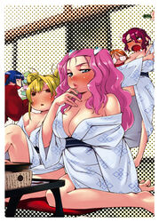  5girls aeru_(simoun) alcohol barefoot bath_yukata blonde_hair blue_hair breasts caimu_(simoun) cleavage drunk glasses halftone halftone_background japanese_clothes kimono large_breasts long_hair long_sleeves mamiina_(simoun) multiple_girls neviril_(simoun) orange_hair paraietta_(simoun) photoshop_(medium) pink_hair purple_hair sake short_hair simoun twintails yukata yurikawa 