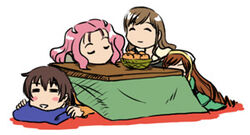  4girls =_= ^_^ basket blush_stickers brown_hair closed_eyes food fruit head_scarf hitotsubashi_yurie kamichu! kotatsu long_hair lowres mandarin_orange maria-sama_ga_miteru multiple_girls neviril_(simoun) pillow pink_hair rozen_maiden short_hair simoun suiseiseki table toudou_shimako u_u ume_(uchuu_ringo) 