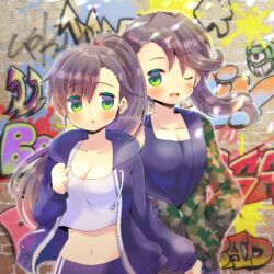  2girls :o ;d alternate_costume arizona_(azur_lane) azur_lane black_jacket black_tank_top blue_pants blush breasts brick_wall brown_hair camouflage camouflage_jacket cleavage collarbone commentary_request commission drawstring graffiti green_eyes hair_between_eyes hood hood_down hooded_jacket jacket kou_hiyoyo long_hair long_sleeves medium_breasts midriff multiple_girls navel one_eye_closed open_clothes open_jacket open_mouth pants parted_lips pennsylvania_(azur_lane) ponytail puffy_long_sleeves puffy_sleeves smile tank_top very_long_hair white_tank_top 