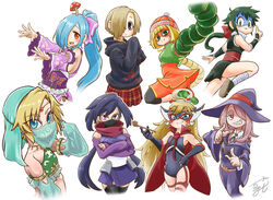  .live 1boy 6+girls ahoge arm_behind_head arm_guards armlet arms_(game) ayame_(gundam_build_divers) azumaya_koyuki bare_shoulders beanie blonde_hair blue_eyes blunt_bangs blush_stickers bow bracer bubble_pipe cape chamaji circlet commentary_request crossdressing crossed_arms crossover dark_green_hair detached_sleeves doronjo earrings elbow_gloves eyebrows_visible_through_mask food frilled_kimono frills gerudo_set_(zelda) gloves green_hair gundam gundam_build_divers hair_over_one_eye hairbow halterneck hat high_ponytail highres hood hoodie idolmaster idolmaster_cinderella_girls japanese_clothes jewelry keroro_gunsou kimono leg_wrap leopard_(yatterman) leotard link little_witch_academia long_hair looking_at_viewer luna_nova_school_uniform mandarin_collar mask meandros min_min_(arms) mouth_mask mouth_veil multiple_crossover multiple_girls mushroom neck_ribbon ninja ninja_mask noodles otoko_no_ko pale_skin plaid plaid_skirt purple_bow purple_kimono red_eyes ribbon sandals school_uniform shaded_face sharp_teeth shirasaka_koume short_hair signature skirt skull smile smoking_pipe sucy_manbavaran teeth the_legend_of_zelda the_legend_of_zelda:_breath_of_the_wild thighhighs time_bokan_(series) veil virtual_youtuber wide_sleeves witch witch_hat yamato_iori yatterman yoru_no_yatterman 