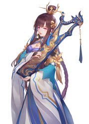  absurdres black_hair blue_dress braid chinese_clothes dress female highres instrument jewelry long_hair mu_tian_ming photoshop_(medium) q18607 solo thunderbolt_fantasy 