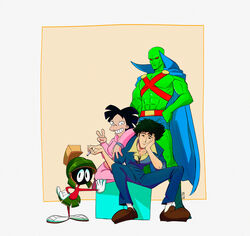  3boys abs alien amy_wong bald black_hair black_necktie blue_cape blue_jacket blue_pants brown_footwear cape cigarette collared_shirt colored_skin commentary cowboy_bebop crossover dc_comics english_commentary female futurama gloves green_headwear green_skin grin hand_on_own_cheek hand_on_own_face hand_on_own_hip hands_on_own_hips helmet highres holding holding_cigarette jacket looking_at_viewer looney_tunes martian_manhunter marvin_the_martian multiple_boys multiple_crossover necktie pants rafael_cr shirt shoes short_hair sitting smile spike_spiegel standing toon_(style) trait_connection v white_gloves yellow_shirt 