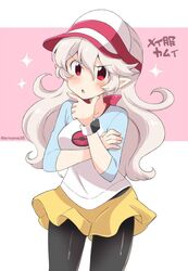  black_pantyhose corrin_(female)_(fire_emblem) corrin_(fire_emblem) cosplay eromame female fire_emblem fire_emblem_fates hand_on_own_chin long_hair open_mouth pantyhose pantyhose_under_shorts pointy_ears pokemon pokemon_bw2 pokemon_masters_ex red_eyes rosa_(pokemon) rosa_(pokemon)_(cosplay) shorts solo stroking_own_chin thinking twitter_username visor_cap white_hair yellow_shorts 