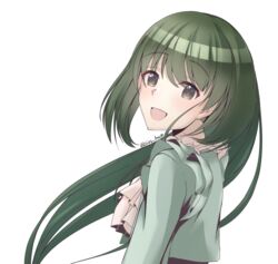  :d female green_hair highres idolmaster idolmaster_shiny_colors kagin_(kagou_shita_nanika) long_hair long_sleeves looking_at_viewer nanakusa_nichika open_mouth simple_background smile solo standing upper_body white_background 