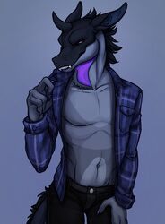  2019 4_fingers anthro bedroom_eyes black_body black_hair black_sclera black_skin blue_background bottomwear button-up ciaran_amari claws clothed clothing countershade_tail countershade_torso countershading denim denim_bottomwear denim_clothing dewlap_(anatomy) dragon fingers flannel front_view gradient_background grey_body grey_countershading grey_skin gular_flap hair half-closed_eyes hand_on_leg hi_res horn idoodle2draw inviting jeans looking_at_viewer male mane manly mythological_creature mythological_scalie mythology narrowed_eyes overshirt pants plaid portrait pose purple_eyes scalie seductive sharp_teeth shirt signature simple_background smile smirk solo spikes standing tail teasing teeth topwear 