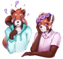  2019 5_fingers ailurid anthro aster_(flower) auburn_fur blue_clothing blue_hoodie blue_shirt blue_topwear brooch brown_body brown_ears brown_face brown_fur brown_markings brown_nose brown_tail bust_portrait cheek_tuft circle_eyebrows closed_smile clothed clothing collar_chain collarbone confusion countershade_ears countershade_face countershade_fur countershade_torso countershading digital_media_(artwork) dress_shirt ear_markings eyebrows facial_markings facial_tuft femboy finger_on_chin finger_to_mouth fingers floral flower flower_crown flower_garland fluffy fluffy_tail fur fur_markings fur_tuft garland gesture glistening glistening_eyes glistening_lips glistening_nose hand_gesture hand_on_face head_markings head_tuft head_wreath hoodie humanoid_hands icon inner_ear_fluff knight_dd light light_body light_clothing light_eyebrows light_fur light_headgear light_markings light_shirt light_topwear lips long_sleeves long_tail looking_aside looking_at_viewer looking_down looking_forward male mammal markings mouth_closed multicolored_body multicolored_ears multicolored_face multicolored_fur multicolored_markings multicolored_tail multiple_poses open_mouth orange_body orange_face orange_fur orange_tail pink_clothing pink_shirt pink_topwear plant pointing pointing_at_self portrait pose pupils purple_eyes purple_flower purple_pupils question_mark raised_eyebrows red_panda resting_arm round_ears shadow shirt short_sleeves simple_background slim smile snout solo sweatshirt tail topwear tuft two_tone_ears two_tone_markings white_background white_body white_countershading white_ears white_eyebrows white_face white_fur white_lips white_markings 