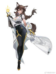  animal_ear_fluff animal_ears black_pants braid breasts brown_hair cleavage cleavage_cutout clipboard clothing_cutout commentary_request cube female full_body girls&#039;_frontline girls&#039;_frontline_neural_cloud gloves hair_ornament highres holding holding_clipboard id_card jewelry lab_coat large_breasts long_hair looking_at_viewer mo_li_baitao_shui necklace off_shoulder pants prototype_design purple_eyes shirt shoes short_sleeves simple_background smile solo tail turing_(neural_cloud) weibo_logo weibo_watermark white_background white_shirt yellow_gloves 