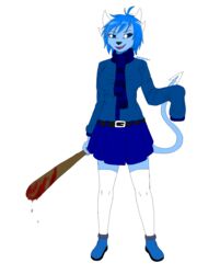  absurd_res anthro baseball_bat bat_(object) belt blood blue_eyes blue_hair bodily_fluids bottomwear clothing clubette demon digital_media_(artwork) female forked_tail hair hi_res horn open_mouth open_smile simple_background skirt smile solo spike_the_furry tail teeth tongue unusual_anatomy unusual_tail 