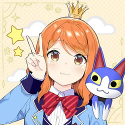  :3 animal_crossing bad_id bad_twitter_id bow bowtie brown_eyes character_request commentary_request crown diagonal-striped_bow diagonal-striped_bowtie diagonal-striped_clothes feline female hand_up inactive_account long_hair long_sleeves looking_at_viewer orange_hair portrait sky-freedom smile star_(symbol) striped_bow striped_bowtie striped_clothes tom_(animal_crossing) v 