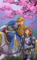  1boy absurdres blonde_hair branch brown_hair cherry_blossoms commentary dress english_commentary eye_contact female fine_art_parody highres horse link long_hair looking_at_another looking_up malin_falch master_sword parody parted_lips petals pointy_ears princess_zelda riding saddle smile soldier&#039;s_set_(zelda) sword sword_behind_back the_legend_of_zelda the_legend_of_zelda:_breath_of_the_wild triforce weapon 