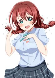  :d adjusting_hair black_skirt blue_shirt blush bow bowtie braid breasts brown_hair commentary_request emma_verde female freckles green_bow green_bowtie green_eyes hand_on_own_chest highres large_breasts love_live! love_live!_nijigasaki_high_school_idol_club nijigasaki_school_uniform open_mouth plaid plaid_skirt pleated_skirt ranemu red_hair school_uniform shirt short_hair short_sleeves sidelocks signature simple_background skirt smile solo summer_uniform teeth twin_braids upper_body upper_teeth_only white_background 