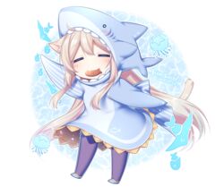  =_= animal_costume animal_ears artist_name black_pantyhose blonde_hair blush cat_ears cat_tail chaso_(konshin) chibi closed_eyes commentary_request dated female food konshin long_hair mouth_hold original pantyhose shark_costume solo standing tail taiyaki wagashi 