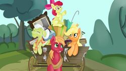  16:9 apple_bloom_(mlp) applejack_(mlp) big_macintosh_(mlp) brother_(lore) brother_and_sister_(lore) carriage closed_eyes earth_pony equid equine female food_print friendship_is_magic grandchild_(lore) granddaughter_(lore) grandmother_(lore) grandmother_and_grandchild_(lore) grandmother_and_granddaughter_(lore) grandmother_and_grandson_(lore) grandparent_(lore) grandparent_and_grandchild_(lore) grandson_(lore) granny_smith_(mlp) group hasbro hi_res hooves horse jbond male mammal my_little_pony plow_yoke pony raised_hoof road scene_interpretation sibling_(lore) sister_(lore) sisters_(lore) smile widescreen 